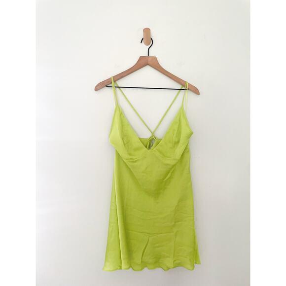 Free People Hang On Satin Halter Slip Dress Large Lime Green Neon 90s Mini - Picture 3 of 10
